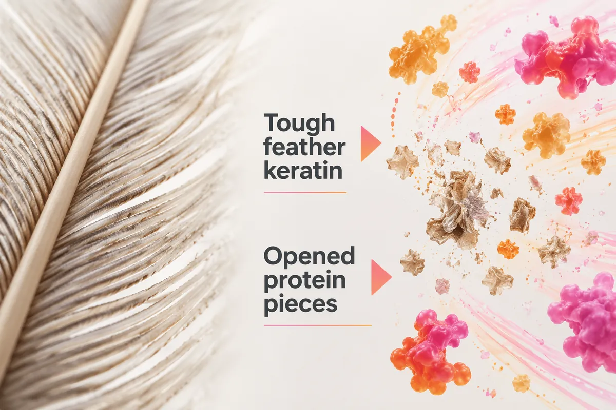 Close-up of a feather barb beside a diagram of tough feather keratin being opened into smaller protein pieces by keratinase